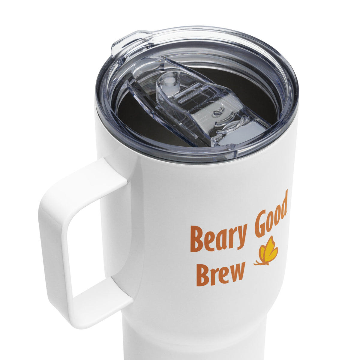 25 oz Beary Good Travel Mug shown from a three-quarter view above, to reveal the sipping features of its lid.