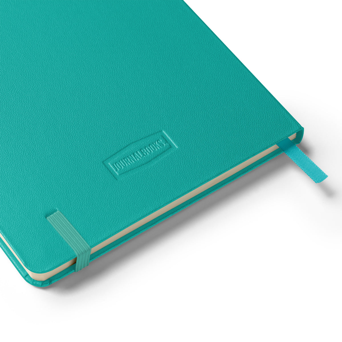 Turquoise Beary Petals & Paws Hardcover Notebook laying on its front over to reveal back cover UltraHide surface details, including the elastic closure.