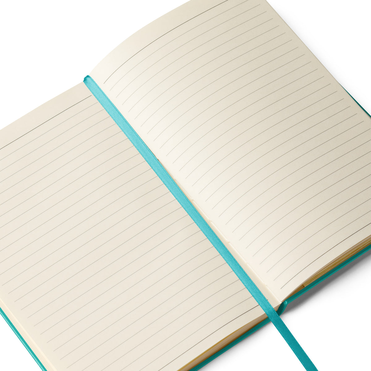 Turquoise Beary Petals & Paws Hardcover Notebook laying open to reveal a turquoise ribbon page marker and cream-colored, lined pages.
