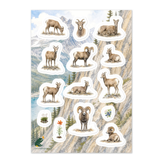 A glossy wildlife sticker sheet showing bighorn sheep in various stationary poses against a Rocky Mountain scene, ideal for travel journals, envelopes, and outdoor adventure scrapbooks.