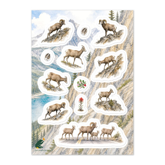 A glossy wildlife sticker sheet showing bighorn sheep in various movement poses against a Rocky Mountain Athabasca River scene, ideal for travel journals, envelopes, and outdoor adventure scrapbooks.