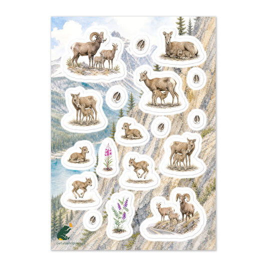 A glossy wildlife sticker sheet showing bighorn sheep ewes, lambs and rams during the spring green-up, set against a Rocky Mountain scene, ideal for travel journals, envelopes, and outdoor adventure scrapbooks.