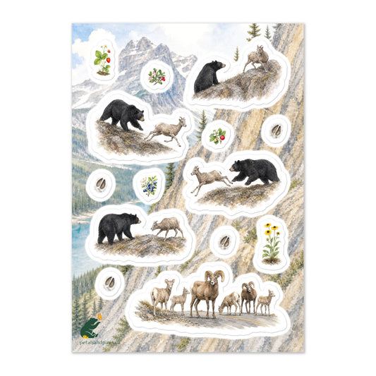 A glossy wildlife sticker sheet showing bighorn sheep in various black bear predator and roadway perils set against a Rocky Mountain scene, ideal for travel journals, envelopes, and outdoor adventure scrapbooks.