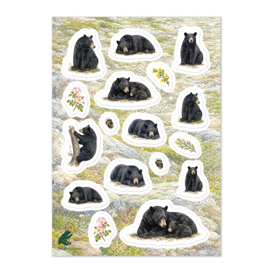 A glossy wildlife sticker sheet showing black bears in various resting poses against an alpine terrain, ideal for travel journals, envelopes, and outdoor adventure scrapbooks.