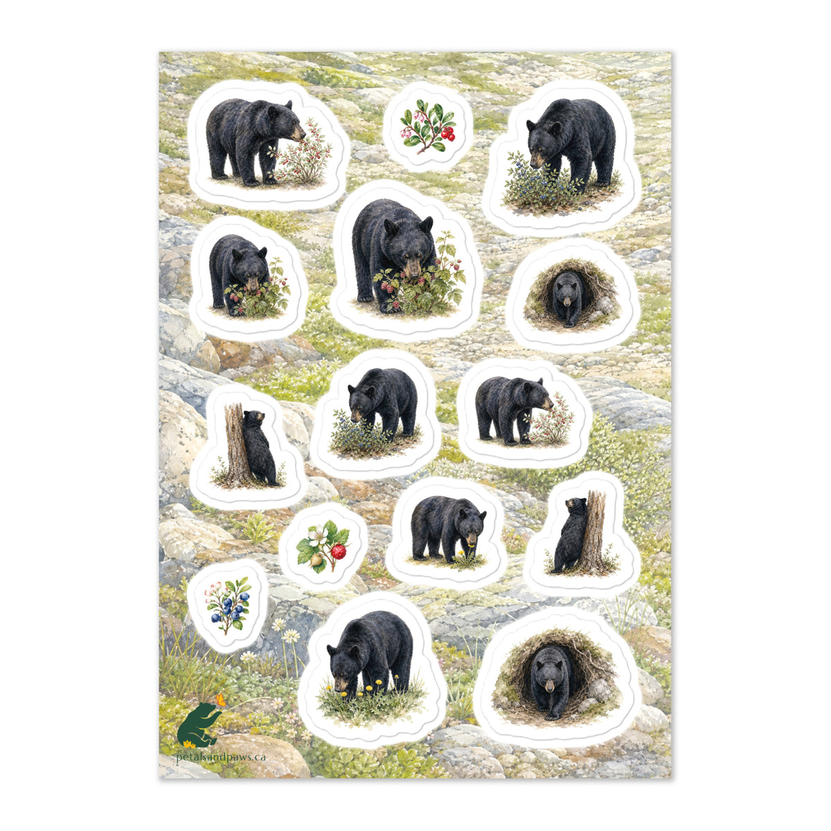 A glossy wildlife sticker sheet showing black bears foraging on flowers and berries in their alpine habitat, ideal for travel journals, envelopes, and outdoor adventure scrapbooks.