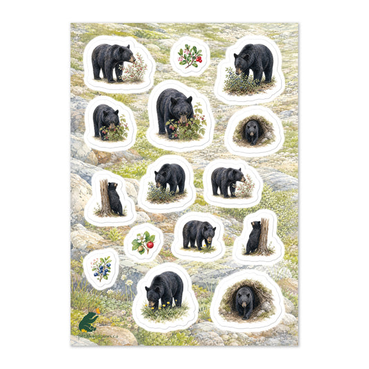 A glossy wildlife sticker sheet showing black bears foraging on flowers and berries in their alpine habitat, ideal for travel journals, envelopes, and outdoor adventure scrapbooks.