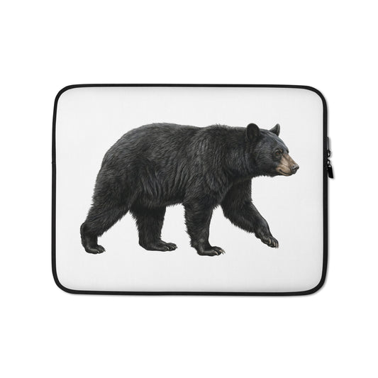 Product mockup of 13 inch Black Bear Laptop Sleeve. This sleeve is white with zipper and features a realistic illustration of a Black Bear in a running pose.