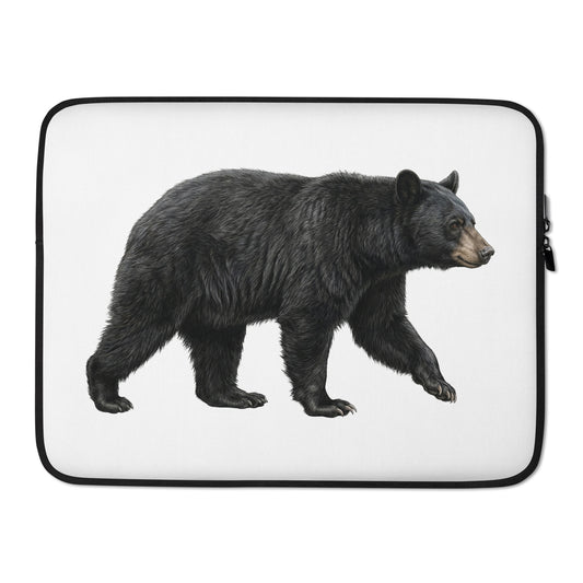 Product mockup of 15 inch Black Bear Laptop Sleeve. This sleeve is white with zipper and features a realistic illustration of a Black Bear in a running pose.