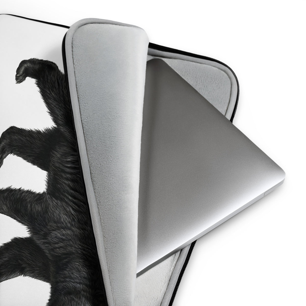 Black Bear Laptop Sleeve open and turned back to reveal the protective faux fur interior lining.
