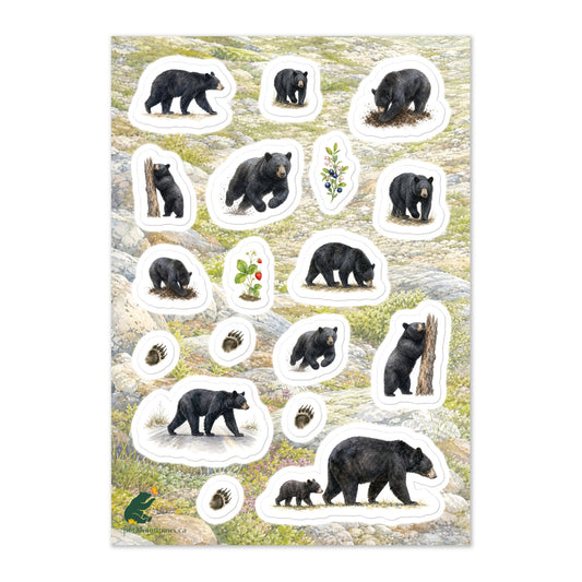 A glossy wildlife sticker sheet showing black bears roaming the wild against an alpine terrain, ideal for travel journals, envelopes, and outdoor adventure scrapbooks.