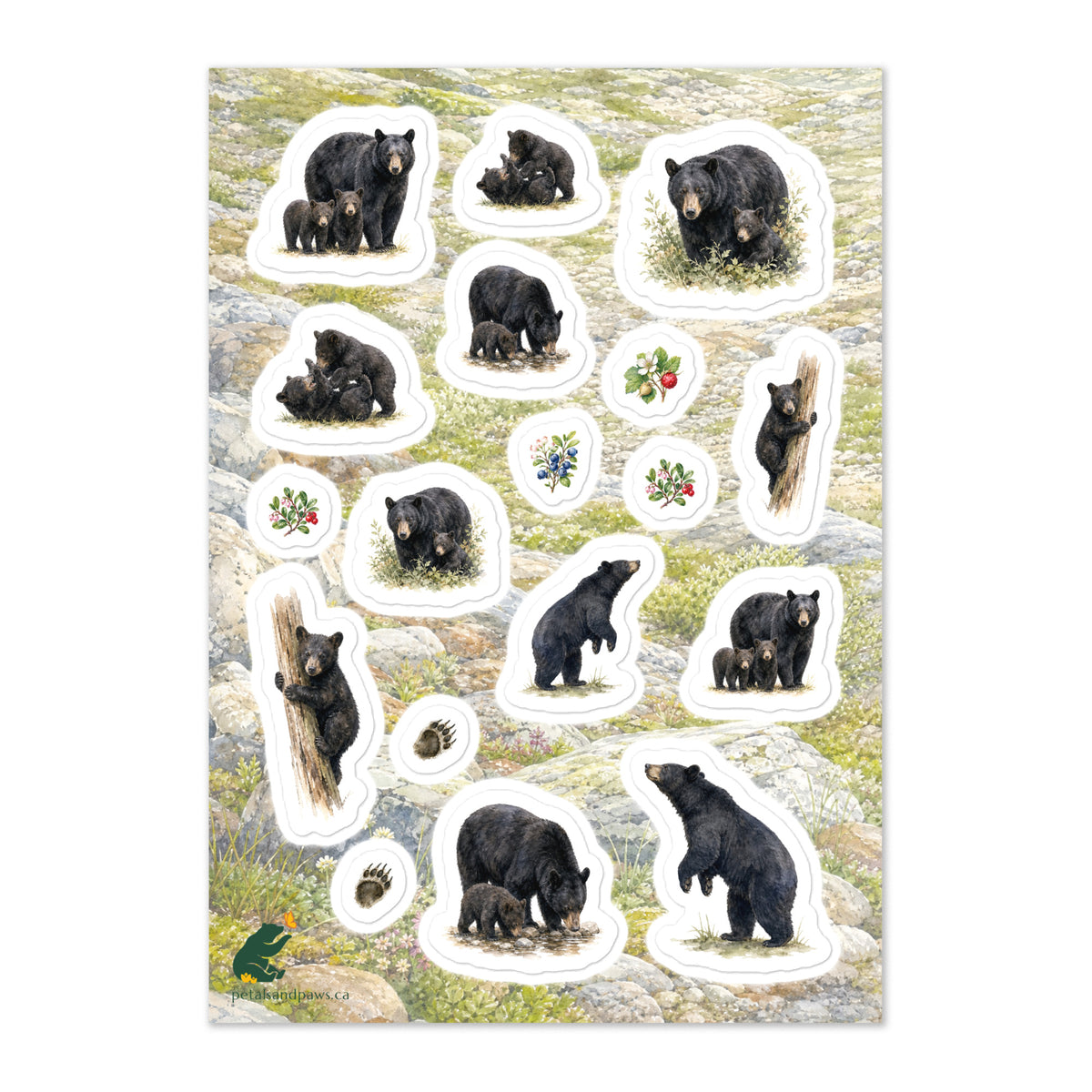A glossy wildlife sticker sheet showing black bear family moments against an alpine terrain, ideal for travel journals, envelopes, and outdoor adventure scrapbooks.