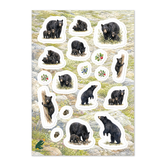 A glossy wildlife sticker sheet showing black bear family moments against an alpine terrain, ideal for travel journals, envelopes, and outdoor adventure scrapbooks.