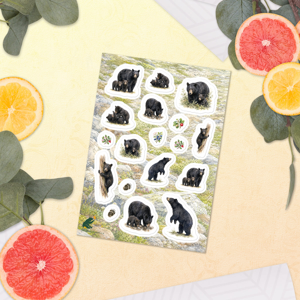 A sheet of kiss-cut stickers featuring illustrated black bear families, with a background of rocky mountain icefields terrain, placed next to citrus slices on a warm-colored background.