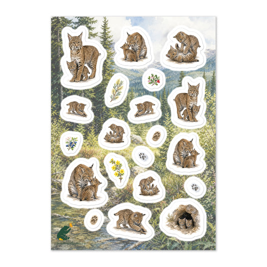 A glossy wildlife sticker sheet showing bobcat mothers and kittens, set against a scene in the foothills of the Rocky Mountains.  Ideal for travel journals, envelopes, and outdoor adventure scrapbooks.