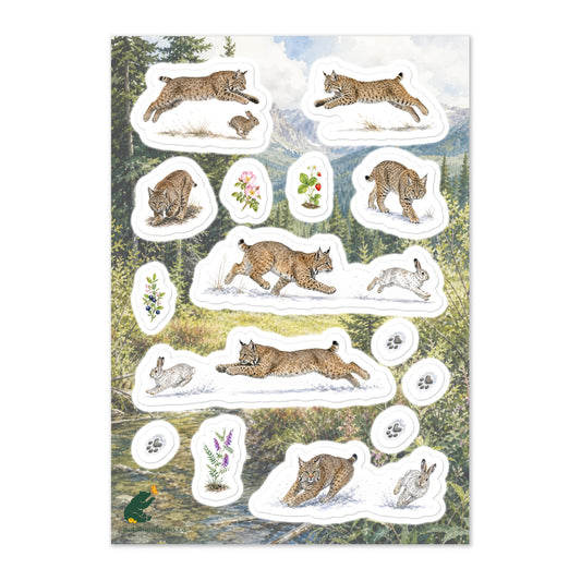 A glossy wildlife sticker sheet showing bobcats chasing prey, set against a scene in the foothills of the Rocky Mountains.  Ideal for travel journals, envelopes, and outdoor adventure scrapbooks.