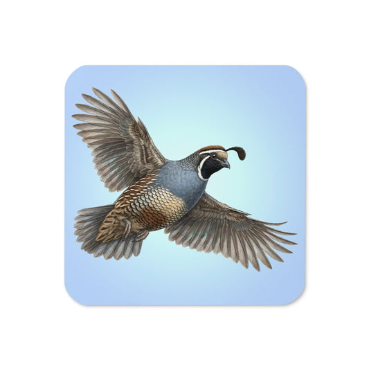 Product mockup of the front of California Quail Coaster cork-backed, square coaster.  Design is a quail is flying against a clear blue sky.