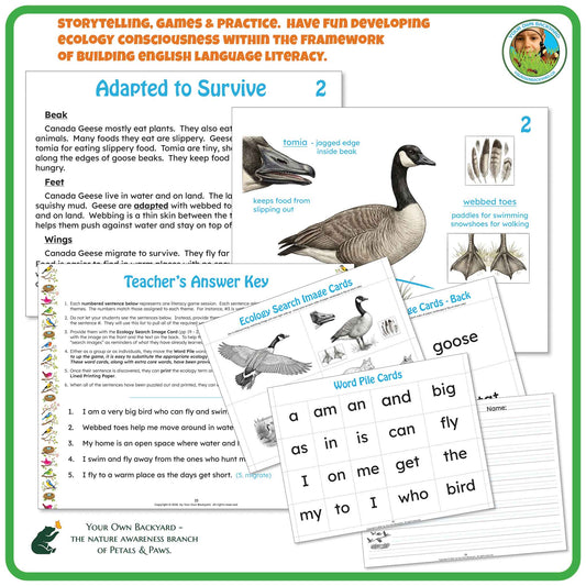 At the top there is product information, with Your Own Backyard logo in the upper right corner. Below this, select pages from this one-week study unit to demonstrate the variety of extent of educational content. "Your Own Backyard - The Nature Awareness Branch of Petals & Paws" runs along the bottom.