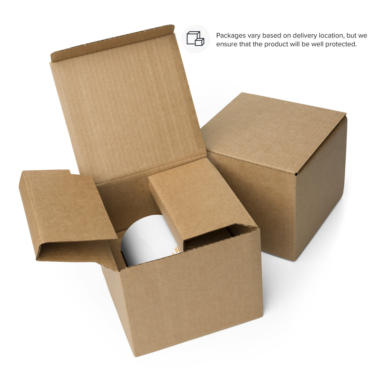 Show the kind of protective cardboard shipping package that can be expected when your ceramic mugs arrive. Shown both closed and open with mug inside, text overlay says, "Packages vary based on deliver location, but we ensure that the product will be well protected."