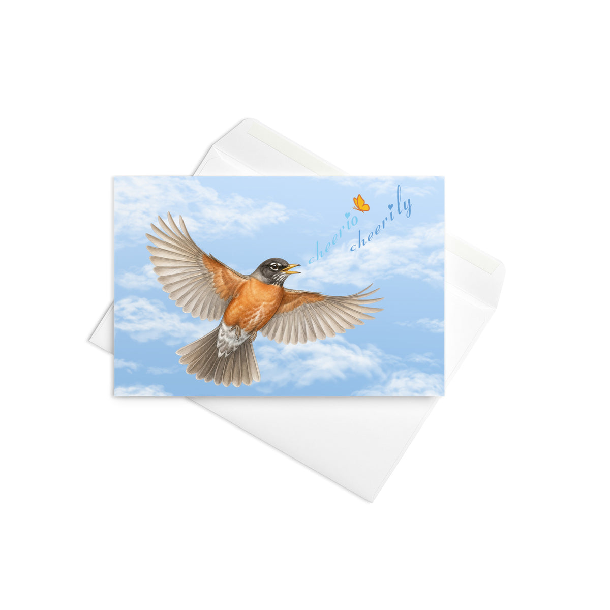 Product mockup of the Cheerily Robin Greeting Card, shown with the complimentary self-sealing envelope.