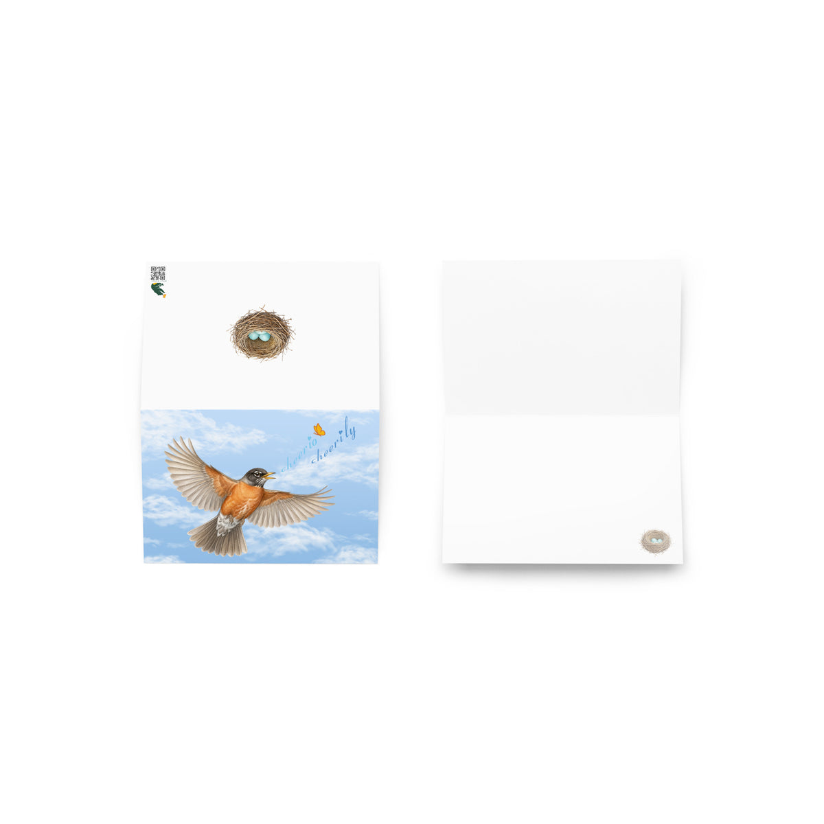 Product mockup of the Cheerily Robin Greeting Card, open, showing front, back, and inside.  The back and inside both feature a watercolor robin nest and three robin-blue eggs.  The inside is otherwise blank.