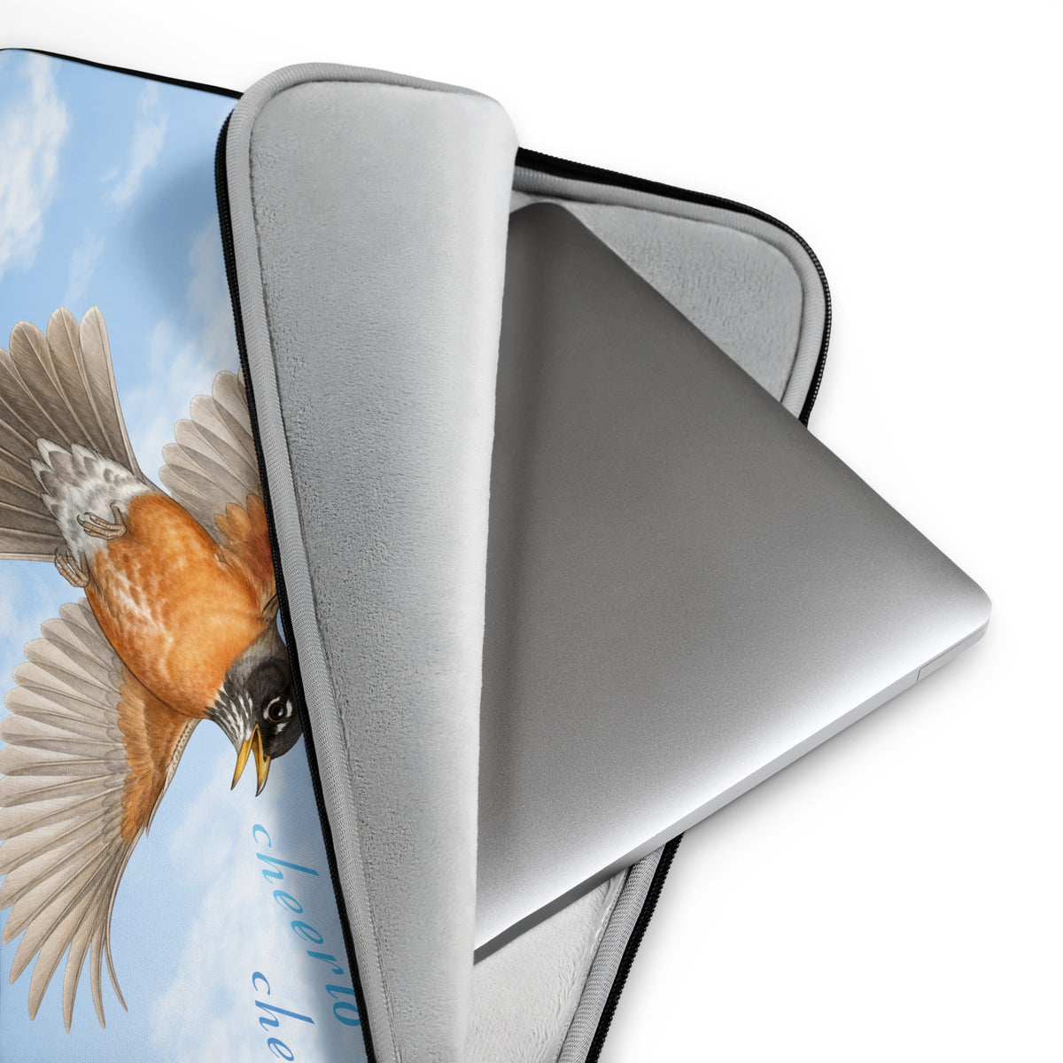 Close-up product mockup of the Cheerily Robin Laptop Sleeve's faux fur interior lining. A laptop is extending out part way and the singing robin against fair blue sky is partially visible. 