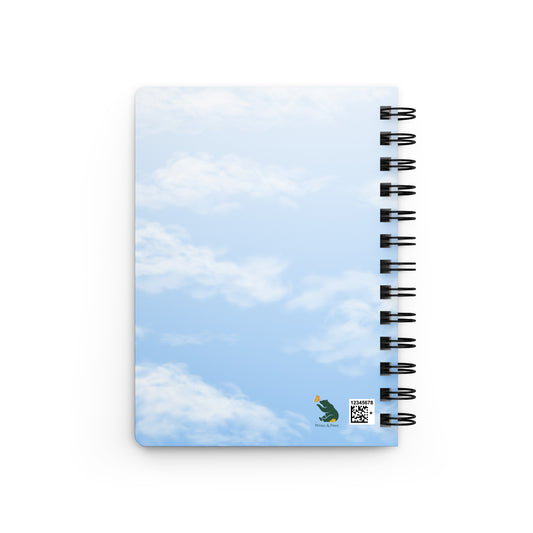 Product mockup of the back of spiral-bound Cheerily Robin Nature Journal.  The back is, all-over, a fair blue sky and fluffy cloud background. The Petals & Paws logo is in the bottom right corner.