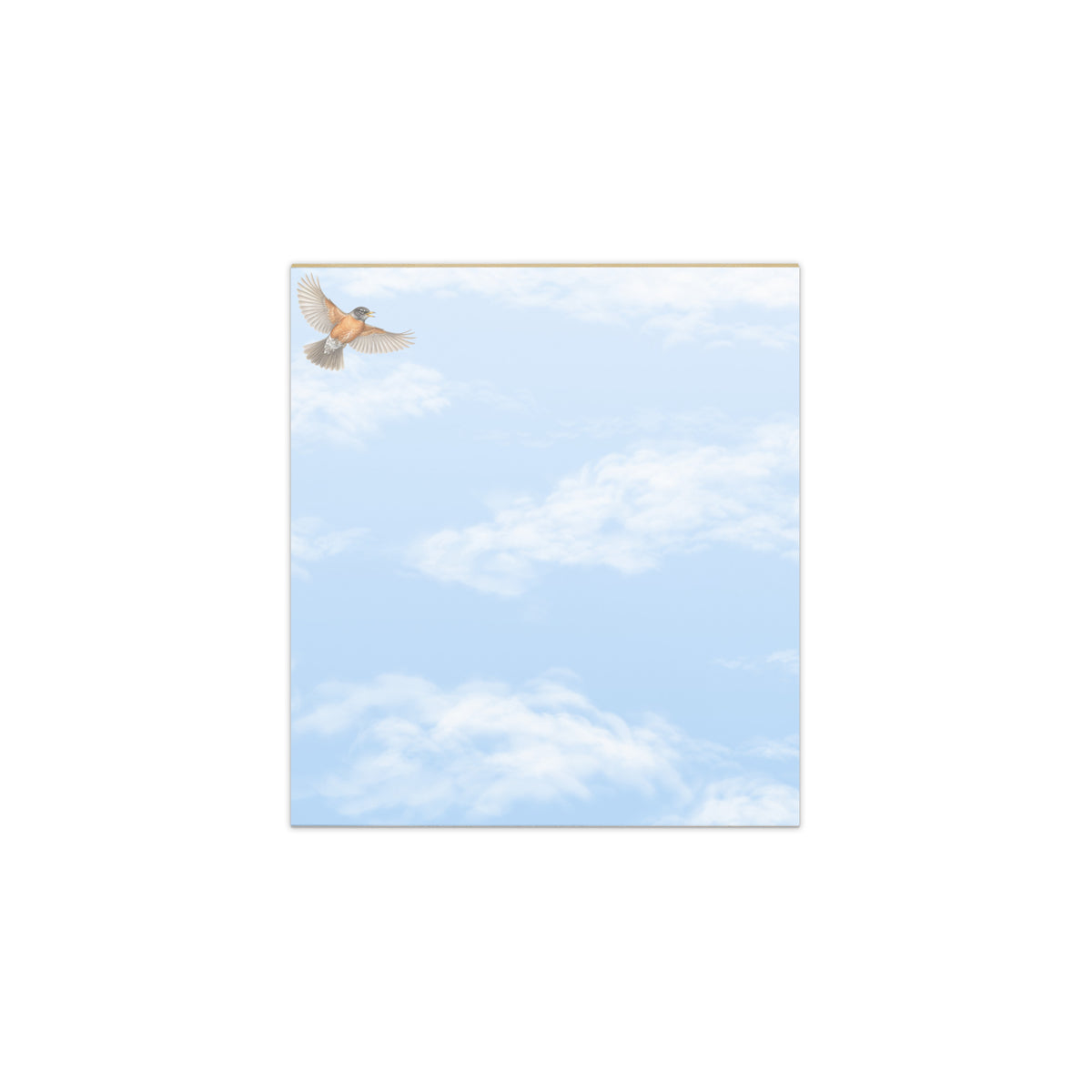 Cheerily Robin small notepad, 5.5″ × 6″ (14 cm × 15 cm).  Overall design of a fair blue sky with fluffy white clouds with a robin flying in the upper left corner.