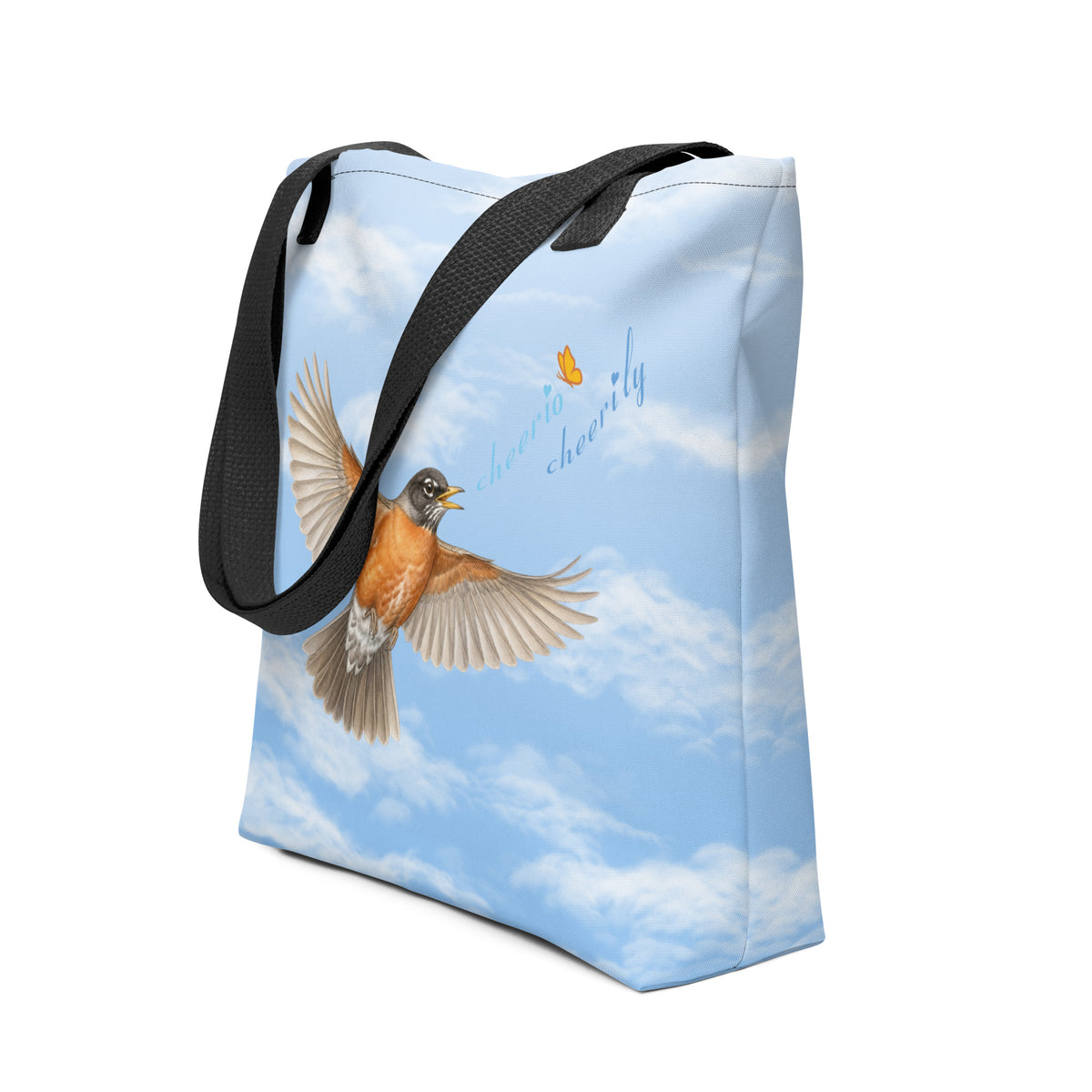 Product mockup, all-over print of Cheerily Robin Tote bag with black handles.