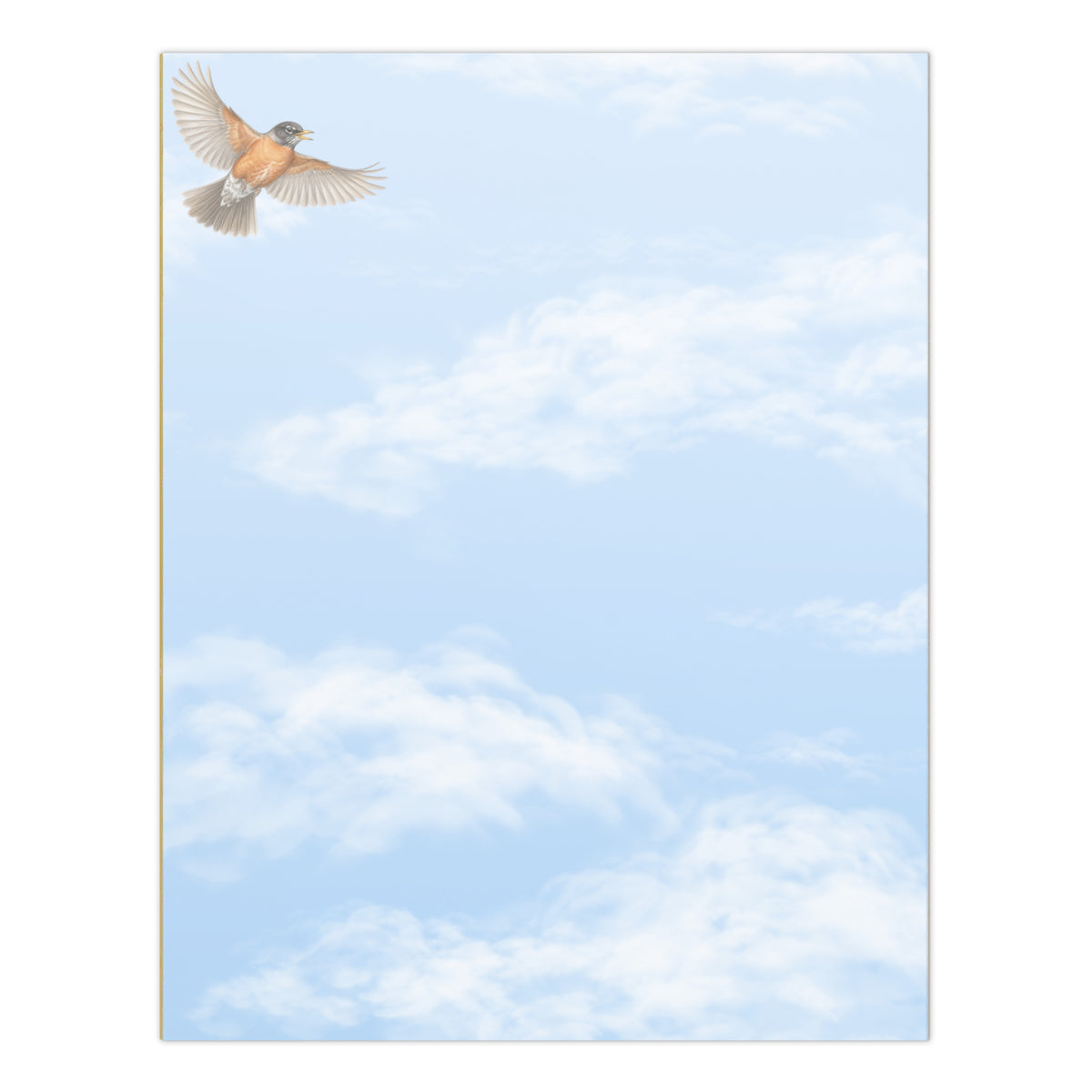 Cheerily Robin large notepad, 8.5″ × 11″ (21.6 cm × 27.9 cm).  Overall design of a fair blue sky with fluffy white clouds with a robin flying in the upper left corner.