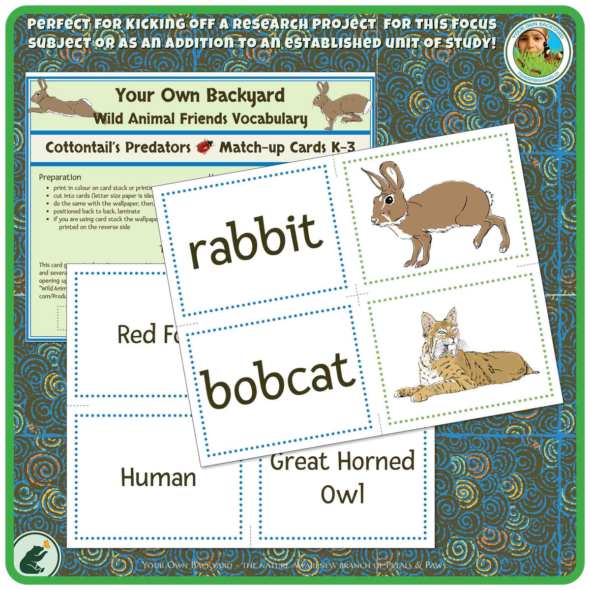 Image of the page contents for bonus concentration card game, Cottontail Match-up Cards K-3. Card design is clearly represented. Background image is the pattern designed for the back of these cards.