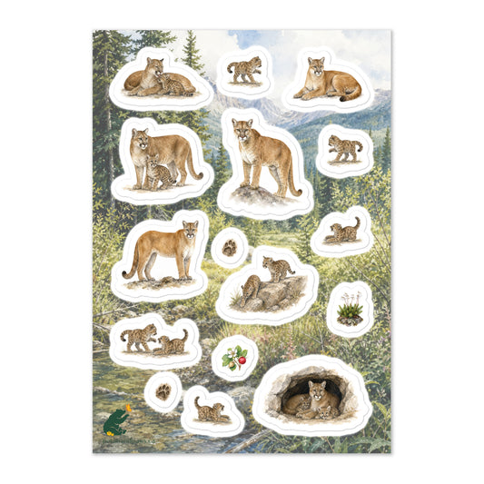 A glossy wildlife sticker sheet showing cougar (mountain lions) mothers and cubs, set against a scene in the foothills of the Rocky Mountains.  Ideal for travel journals, envelopes, and outdoor adventure scrapbooks.