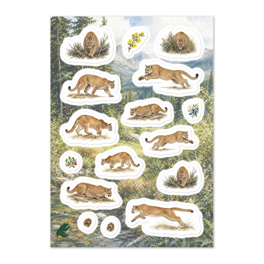 A glossy wildlife sticker sheet showing cougars (mountain lions) tracking and stalking, set against a scene in the foothills of the Rocky Mountains.  Ideal for travel journals, envelopes, and outdoor adventure scrapbooks.