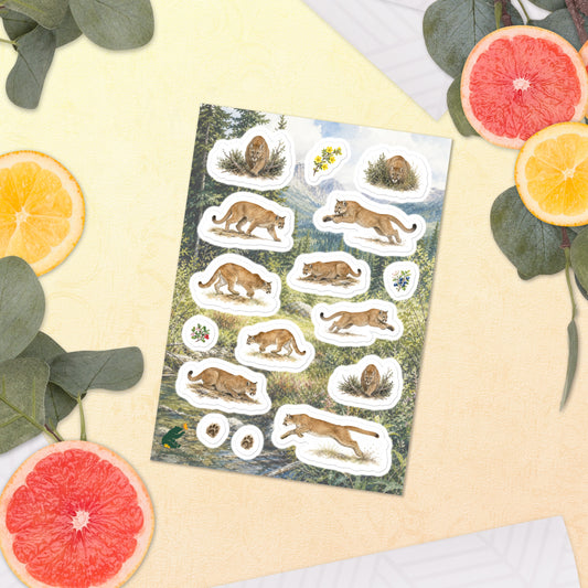 A sheet of kiss-cut stickers featuring illustrated mountain lions set against a scene in the foothills of the Rocky Mountains, and placed next to citrus slices on a warm-colored background.  