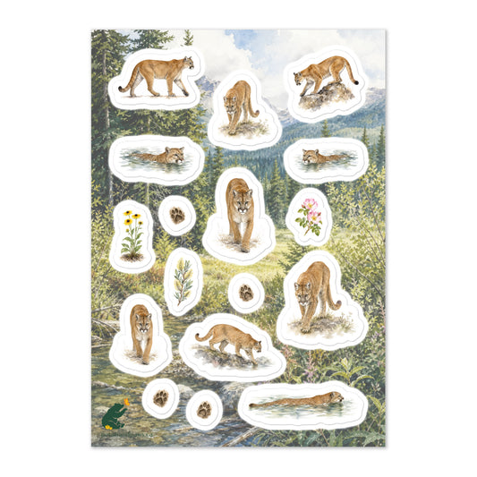 A glossy wildlife sticker sheet showing cougars (mountain lions) traversing their territory on land and by water, set against a scene in the foothills of the Rocky Mountains.  Ideal for travel journals, envelopes, and outdoor adventure scrapbooks.