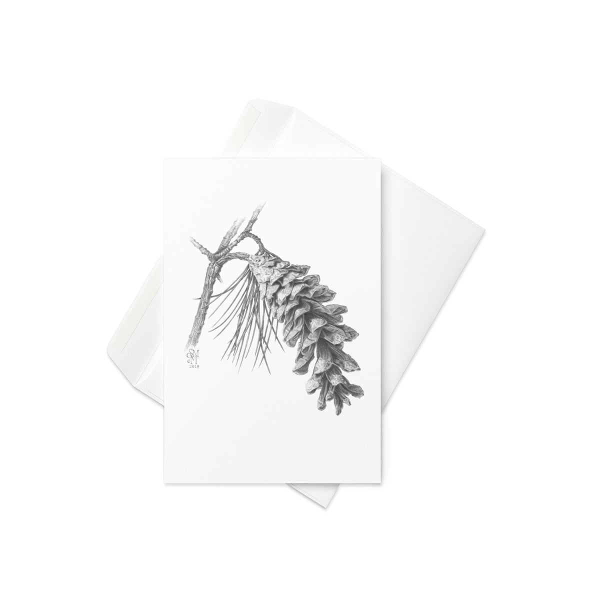 Product mockup of the Pinus strobus - Eastern White Pine Greeting Card, shown with the complimentary self-sealing envelope.