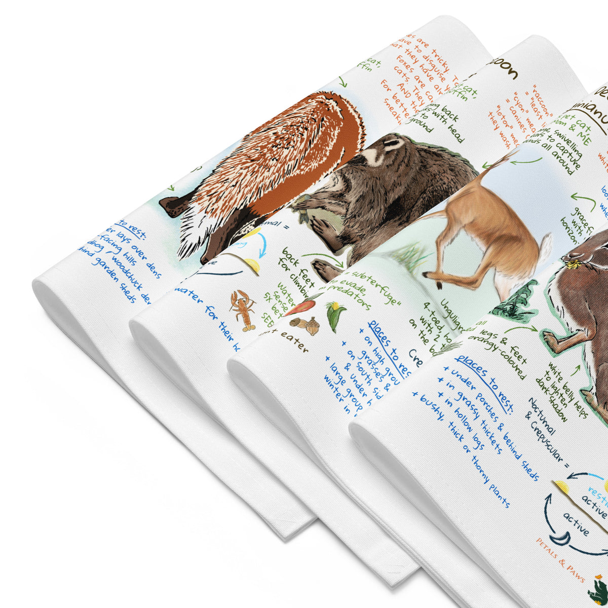 Set of four Ezra's Bestiary Field Guide Placemat, each individual mat features a mammal: cottontail, deer, raccoon, and fox. The placemats show colorful journal field guide pages with natural history text and images on white, hemmed broadcloth.
