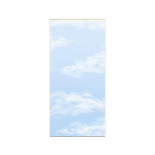 Fair Weather magnetic notepad, 4.25″ × 9″ (10.8 cm × 22.9 cm).  Overall design of fair blue sky with fluffy white clouds.