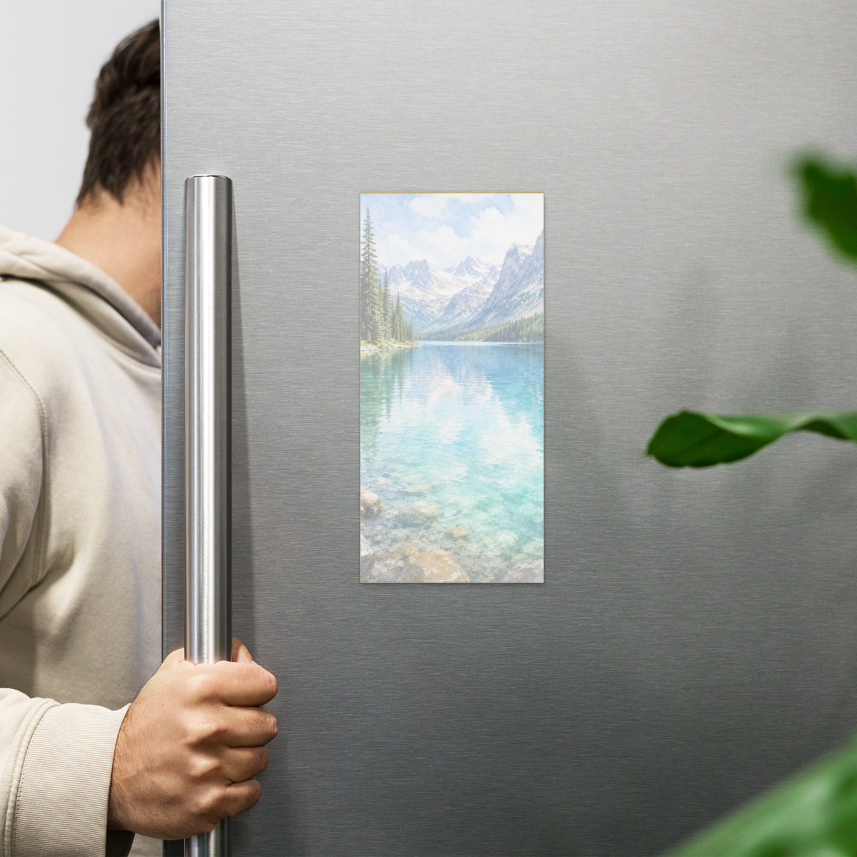 Glacial Blue magnetic notepad, 4.25″ × 9″ (10.8 cm × 22.9 cm) displayed on fridge.  Overall design of Rocky Mountain Icefields terrain.