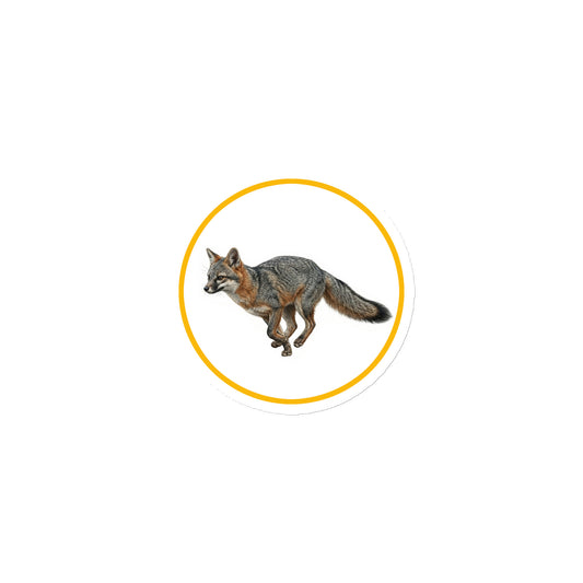 Product mockup of Gray (Grey) Fox Circular Magnet, a 3" die-cut magnet featuring a realistic fox within a yellow circle.