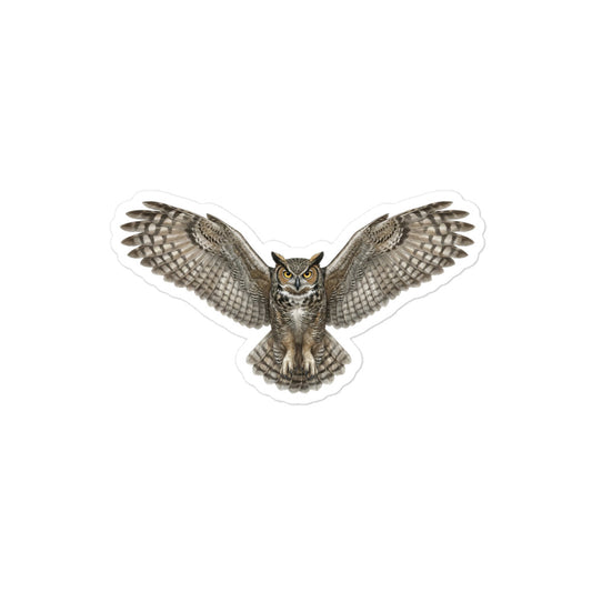 Product mockup of realistic, illustrated Great Horned Owl kiss-cut sticker.