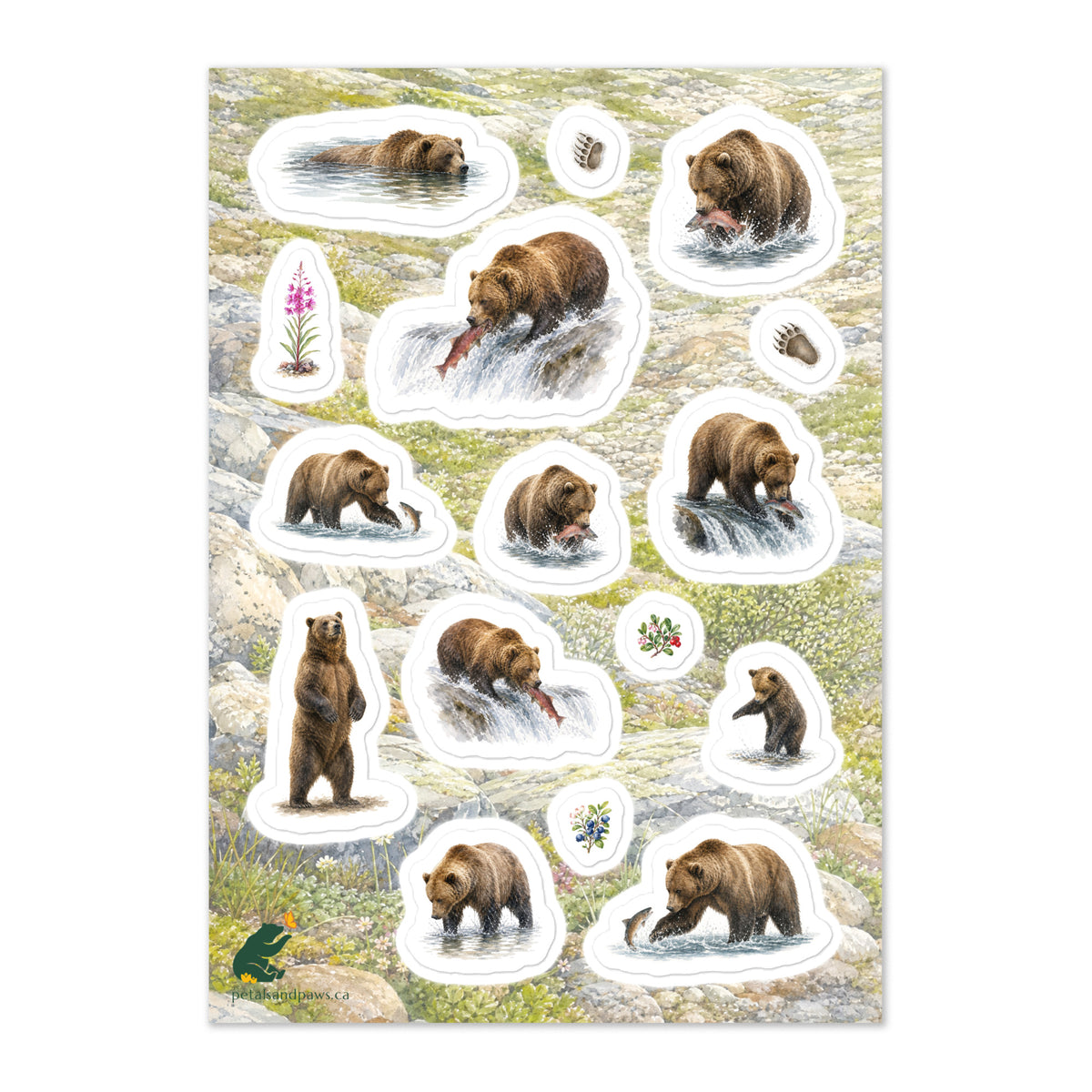 A glossy wildlife sticker sheet showing grizzly bears hunting salmon in their habitat, ideal for travel journals, envelopes, and outdoor adventure scrapbooks.
