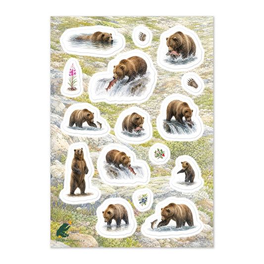 A glossy wildlife sticker sheet showing grizzly bears hunting salmon in their habitat, ideal for travel journals, envelopes, and outdoor adventure scrapbooks.