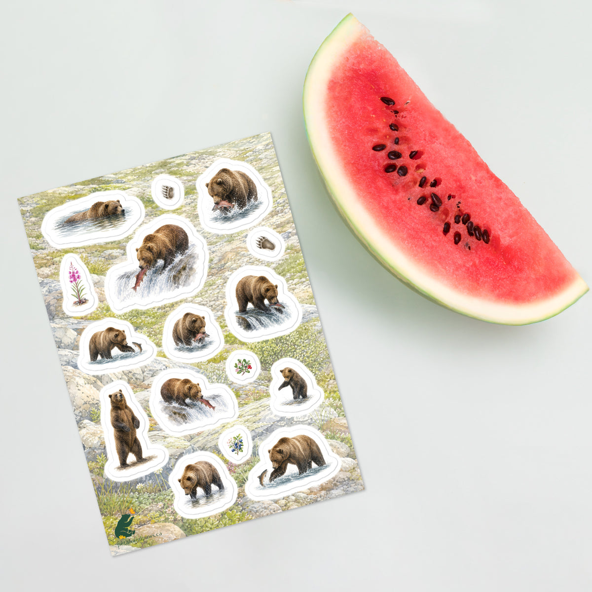 A sheet of kiss-cut stickers featuring illustrated grizzly bears fishing for salmon, with a background of rocky mountain icefields terrain, placed next to a slice of watermelon.