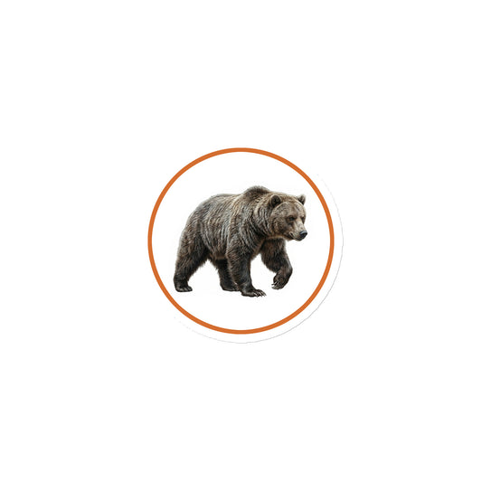 Product mockup of Grizzly Bear Circular Magnet, a 3" die-cut magnet featuring a realistic bear within a orange circle.