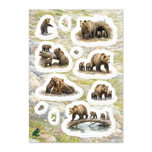 A glossy wildlife sticker sheet showing grizzly bear family moments against an alpine terrain, ideal for travel journals, envelopes, and outdoor adventure scrapbooks.
