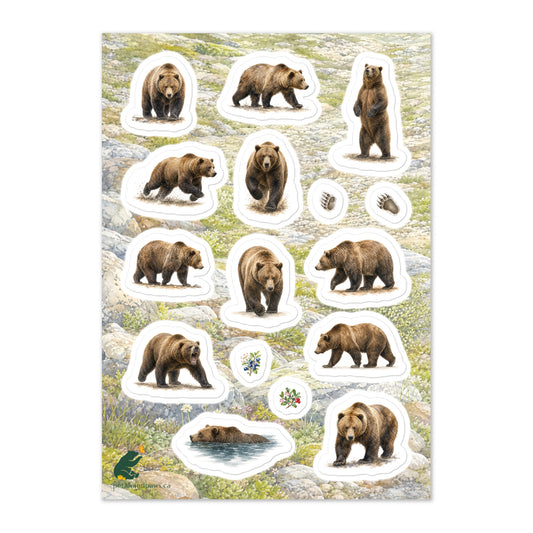 A glossy wildlife sticker sheet showing grizzly bears roaming the wild against an alpine terrain, ideal for travel journals, envelopes, and outdoor adventure scrapbooks.