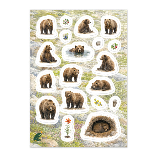A glossy wildlife sticker sheet showing grizzly bears in various resting poses against an alpine terrain, ideal for travel journals, envelopes, and outdoor adventure scrapbooks.