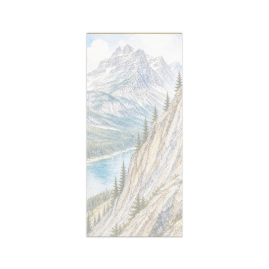 High Rock magnetic notepad, 4.25″ × 9″ (10.8 cm × 22.9 cm).  Overall design of Rocky Mountain Icefields terrain.