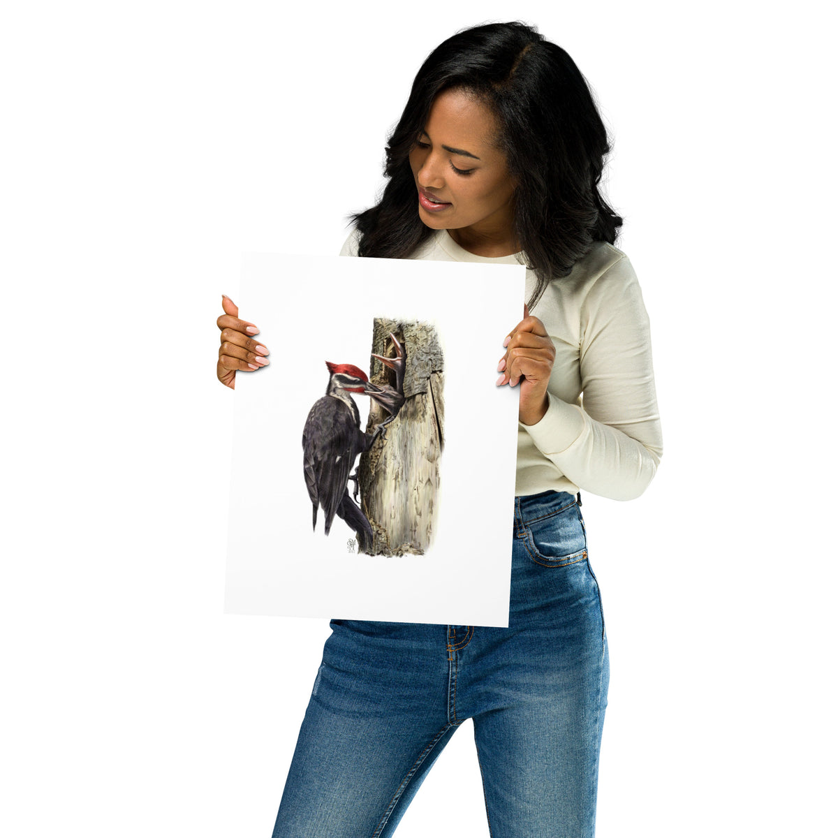 Person holding 11x14 inch museum-quality print of The Hungry Hour illustration of Pileated Woodpeckers to show relative size. Illustrated by Suzanne Matheson, 2017.