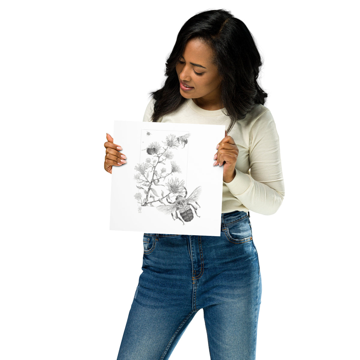Person holding 10x10 inch museum-quality print of Late Autumn Forage illustration of bumblebees and asters to show relative size. Graphite illustration by Suzanne Matheson, 2017.